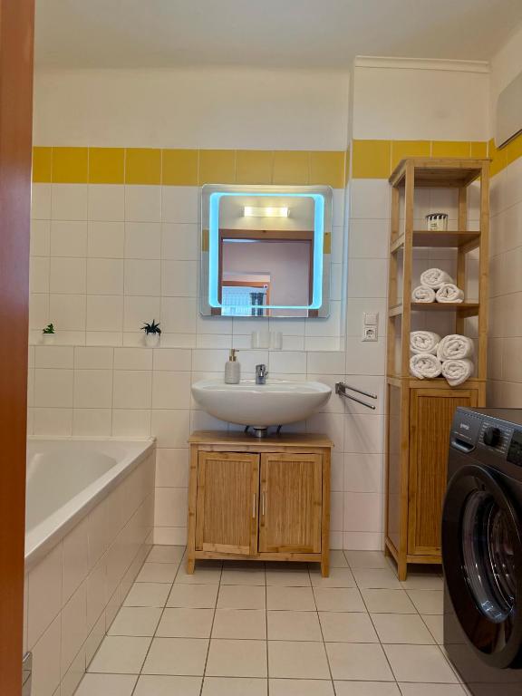 Bad mit Spiegel und Waschmaschine Apartment D01